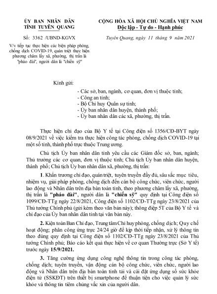 Văn bản số 3362/UBND-KGVX: Về việc tiếp tục thực hiện các biện pháp phòng, chống dịch Covid -19, quán triệt thực hiện phương châm lấy xã, phường, thị trấn là "pháo đài", người dân là "chiến sỹ"