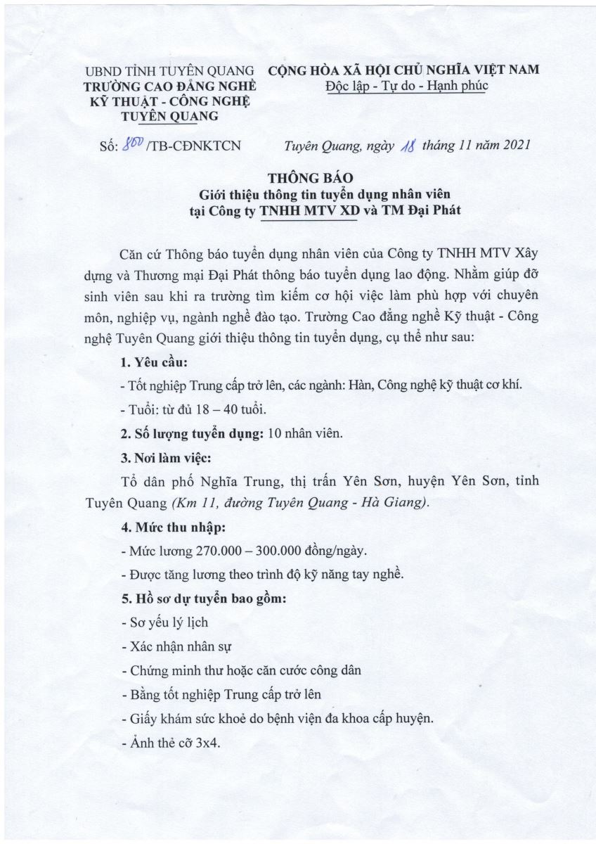 Số: 800/TB-CĐNKTCN, ngày 18 tháng 11 năm 2021: Giới thiệu thông tin tuyển dụng nhân viên tại Công ty TNHH MTV XD và TM Đại Phát