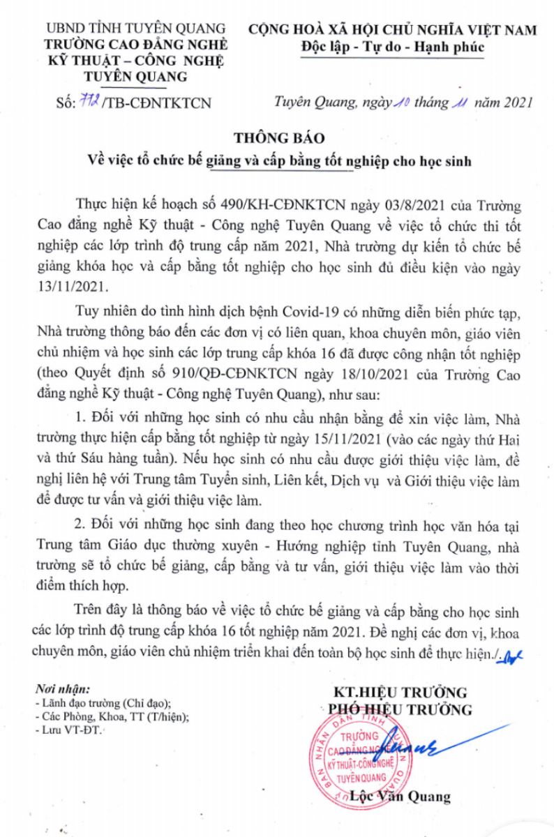 Thông báo số 772/TB-CĐNKTCN ngày 10 tháng 11 năm 2021: Về việc tổ chức bế giảng và cấp bằng tốt nghiệp cho học sinh