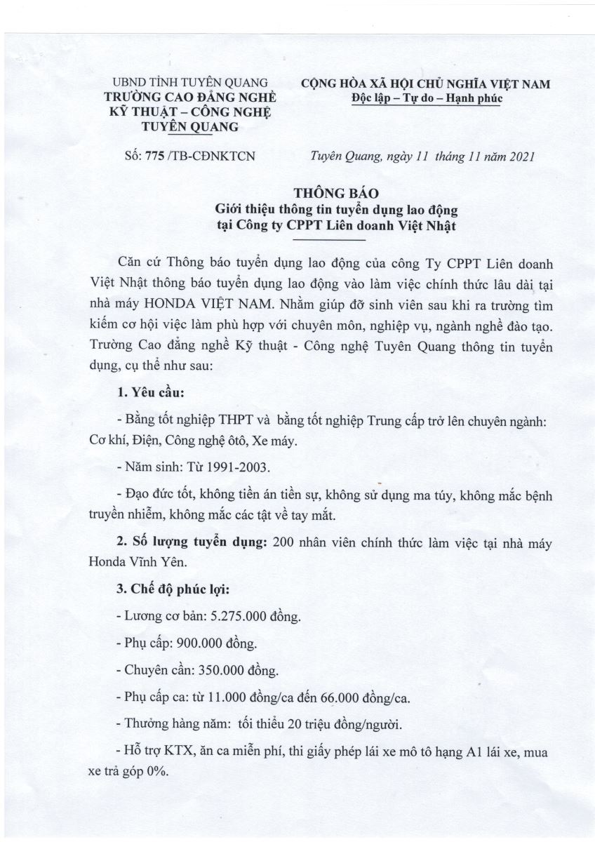 Thông báo số 775/TB-CĐNKTCN ngày 11 tháng 11 năm 2021: Giới thiệu thông tin tuyển dụng lao động tại công ty CPPT liên doanh Việt Nhật