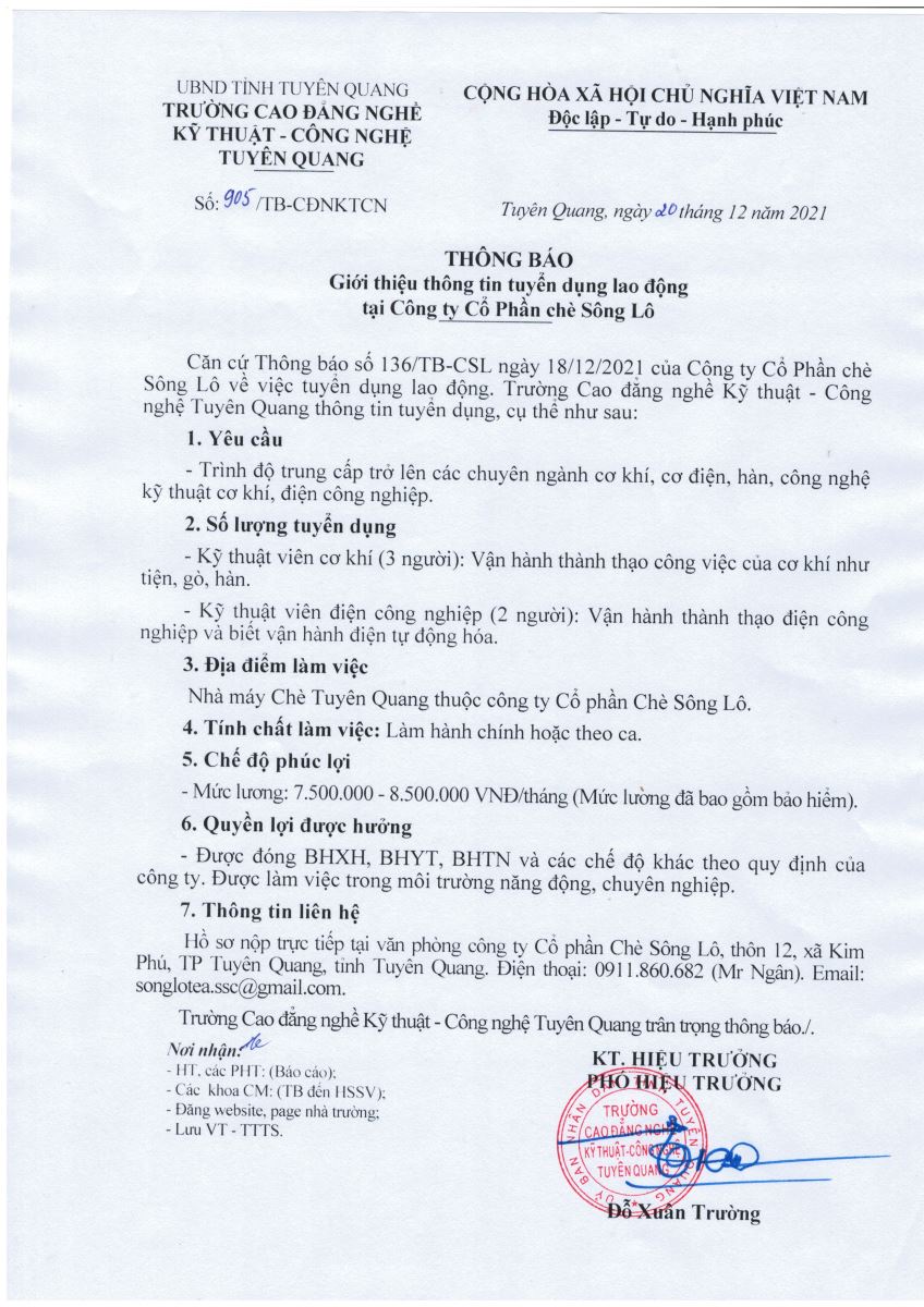 Số: 905 /TB-CDNKTCN ngày 20 tháng 12 năm 2021: Giới thiệu thông tin tuyển dụng lao động tại Công ty cổ phần chè Sông Lô