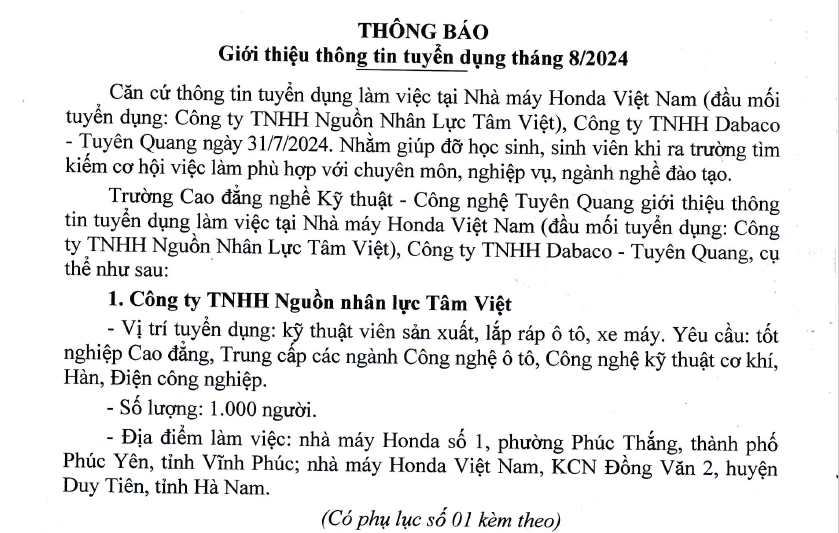 Thumbnail Thông tin tuyển dụng tháng 8/2024