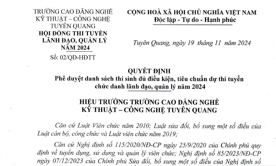 Thumbnail Quyết định phê duyệt danh sách thí sinh đủ điều kiện, tiêu chuẩn thi tuyển chức danh lãnh đạo, quản lý năm 2024