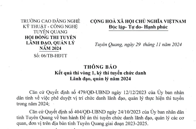 Thumbnail Số: 06/TB-HĐTT: Thông báo kết quả thi vòng 1, kỳ thi tuyển chức danh Lãnh đạo, quản lý năm 2024