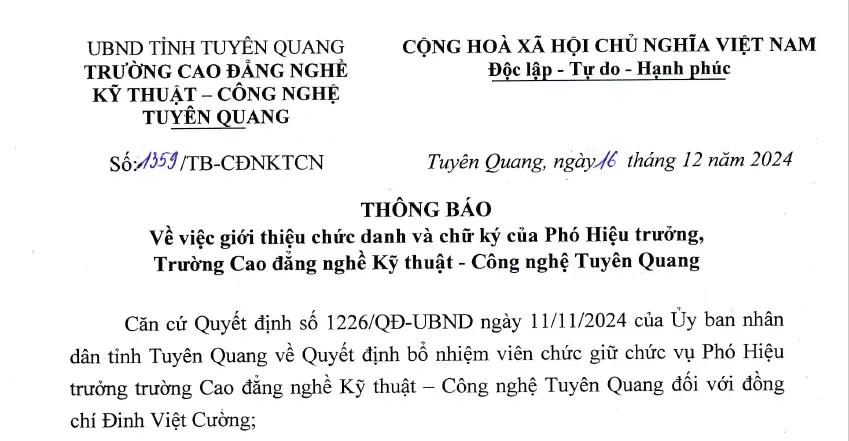 Thumbnail Số 1359/TB-CĐNKTCN: Thông báo về việc giới thiệu chức danh, chữ ký của Phó Hiệu trưởng trường Cao đẳng nghề Kỹ thuật - Công nghệ Tuyên Quang