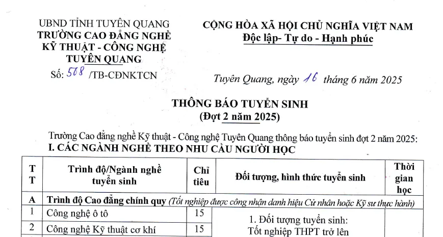 Thumbnail Thông báo tuyển sinh (đợt 2) năm 2025