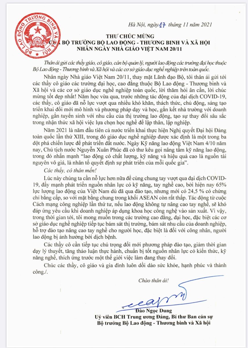 Thư chúc mừng ngày nhà giáo Việt Nam 20/11 của bộ trưởng Bộ lao động - Thương binh và xã hội