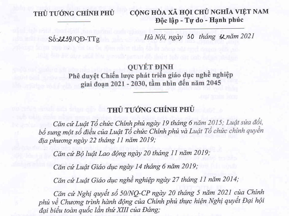 Thủ tướng Chính phủ ban hành quyết định về chiến lược phát triển Giáo dục nghề nghiệp giai đoạn 2021-2030, tầm nhìn đến năm 2045